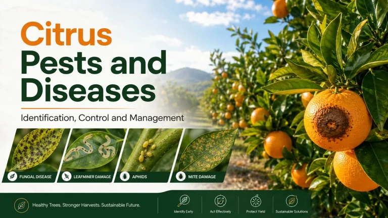 Learn about citrus pests and diseases, their identification and management using IPM, fungicides, insecticides, acaricides and preventive practices.
