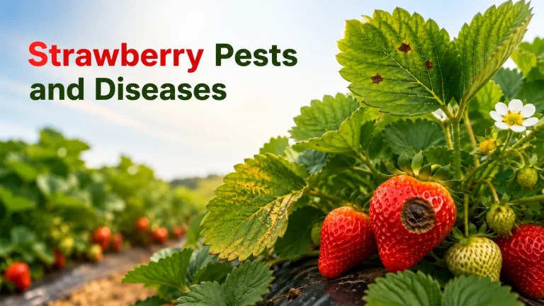 Strawberry pests and diseases symptoms on leaves and fruit, including leaf spots and anthracnose fruit rot