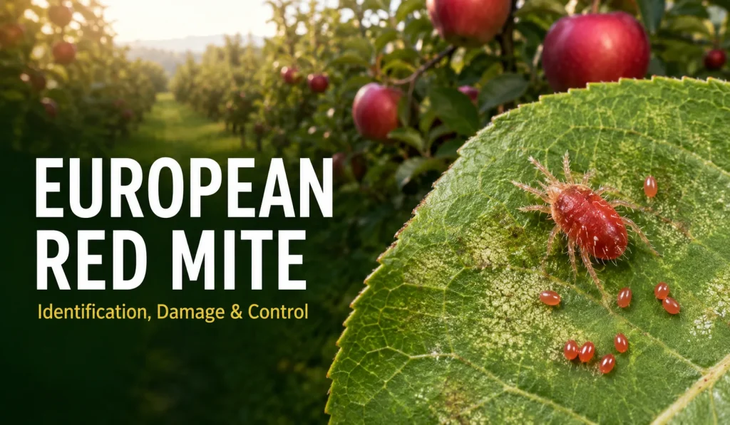 European red mite infestation and feeding damage on an apple leaf